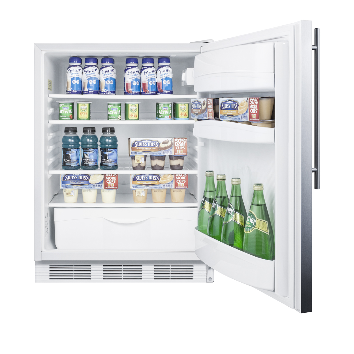 ADA compliant commercial all-refrigerator for built-in general purpose use, auto defrost w/lock, SS wrapped door, thin handle, and white cabinet